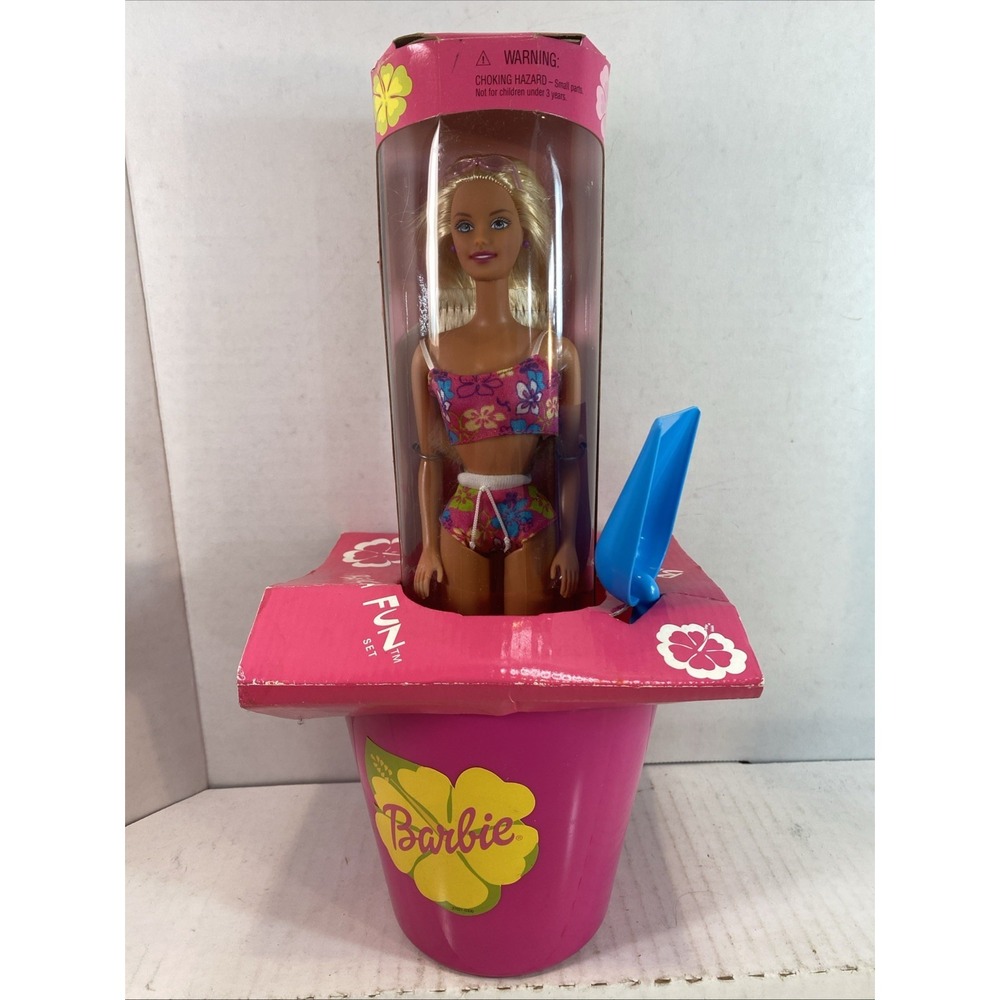 Vintage 1999 Hawaii Barbie Beach Fun Set Doll Pale Pink Sand Bucket & Shovel